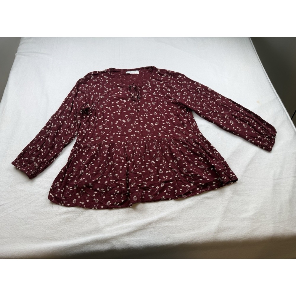 Lucky Brand Women's Floral Printed Tunic Long Sleeve Size Medium M Burgundy
